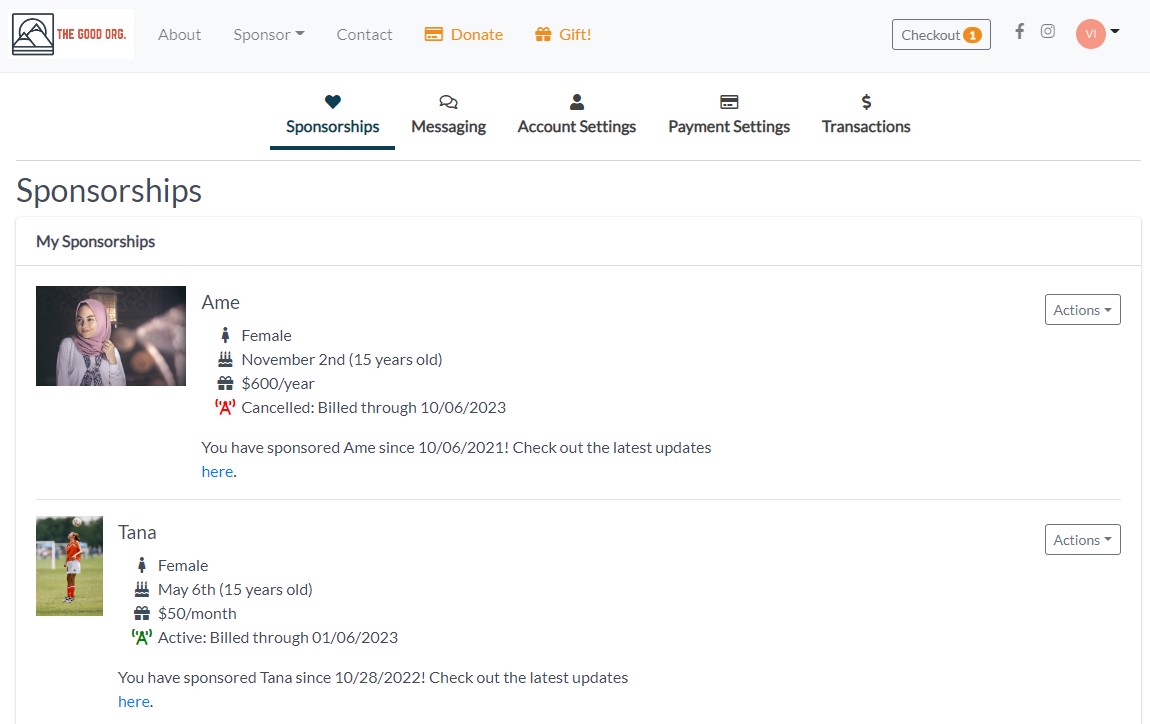 classroom sponsorship platform donor profile